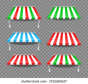 Awnings of Different Shapes with Shadows. Striped colorful awnings for shop. Outside canopy from the sun. Window canopy.