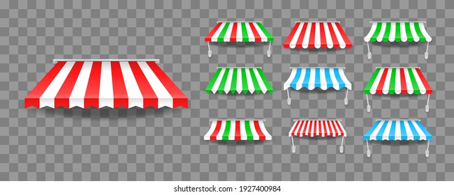 Awnings of Different Shapes with Shadows. Striped colorful awnings for shop. Outside canopy from the sun. Window canopy.