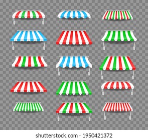 Ganancias de diferentes formas con sombras. Abrigos coloridos a rayas para la tienda. El dosel exterior del sol. Tapa de ventana.