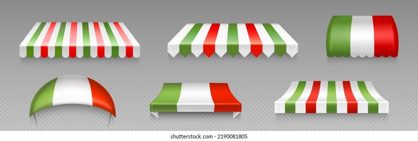 Awnings, italian shop tents, canopy, street market overhangs, sun shade shelters. Outdoor coverings with red, green and white stripes isolated on transparent background, Realistic 3d vector set