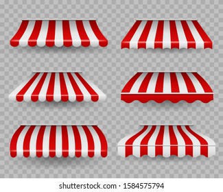 Awnings. Outdoor striped awning for cafe and shop windows of different forms, sunshade for restaurant, border tent design element vector marketplace canopy set