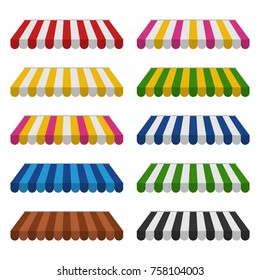 Awnings set isolated on white background. Striped colorful sunshade for shops, cafes and street restaurants. Outside canopy from the sun. Vector illustration
