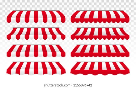 Awnings or striped vector tent for cafe, shop or store roof canopy isolated set svg