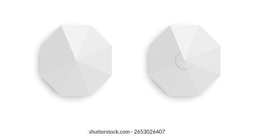 Vista superior de Awnings. Parasol de azebo em forma de octógono. Sombras de sol de evento ou praia com sombras. Tendas de proteção solar. Mockups de cobertura de mercado isolados sobre fundo branco. Ilustração realista de vetor.