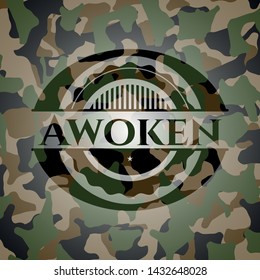 Awoken written on a camo texture. Vector Illustration. Detailed.