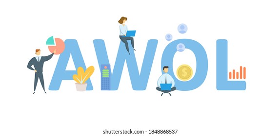 AWOL, Absent Without Leave. Concept with keywords, people and icons. Flat vector illustration. Isolated on white background.