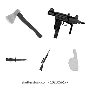 Ax, automatic, sniper rifle, combat knife. Weapons set collection icons in monochrome style vector symbol stock illustration web.
