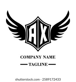 AX A bold winged shield emblem with customizable initials A-Z. Sleek black-and-white vector, perfect for branding, sports teams, motorcycle clubs, gaming,apparel and High-quality
