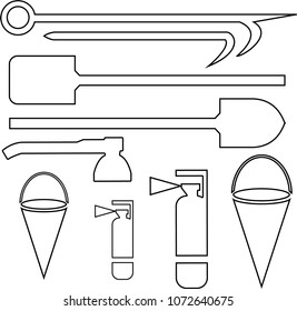 ax, buckets, shovels, fire extinguisher painted with a line. Silhouette of fire shield
