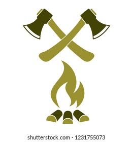 The ax and campfire icon. Flat Vector illustration