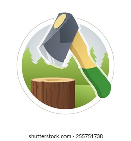 Ax chop wooden log . Vector illustration. Isolated on white background
