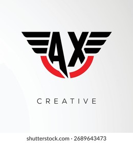 Logotipo de la letra de las alas creativas de AX con el escudo moderno - símbolo potente del negocio y de la marca	
