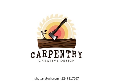Ax design standing on wood for carpentry logo in vintage style