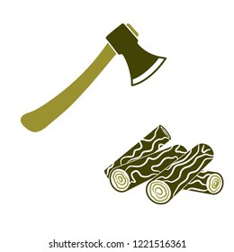 The ax and firewood icon. Flat Vector illustration