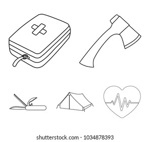 Ax, first-aid kit, tourist tent, folding knife. Camping set collection icons in outline style vector symbol stock illustration web.