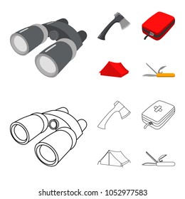 Ax, first-aid kit, tourist tent, folding knife. Camping set collection icons in cartoon,outline style vector symbol stock illustration web.