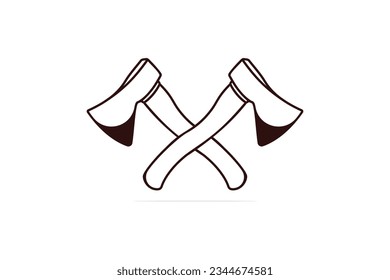Ax Hammer In Cross Sign vector logo. Construction working tools object icon concept. Tree wood cutting ax hammer vector design.