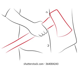 ax in hand, ax in the hands of man. Pencil drawing vector on the work with the ax.