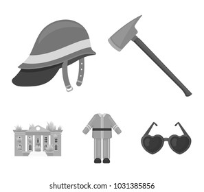 Ax, helmet, uniform, burning building. Fire departmentset set collection icons in monochrome style vector symbol stock illustration web.