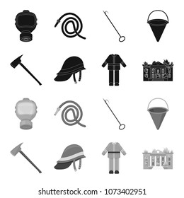 Ax, helmet, uniform, burning building. Fire departmentset set collection icons in black,monochrome style vector symbol stock illustration web.