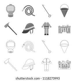 Ax, helmet, uniform, burning building. Fire departmentset set collection icons in outline,monochrome style vector symbol stock illustration web.