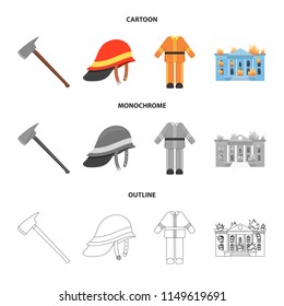 Ax, helmet, uniform, burning building. Fire departmentset set collection icons in cartoon,outline,monochrome style vector symbol stock illustration web.