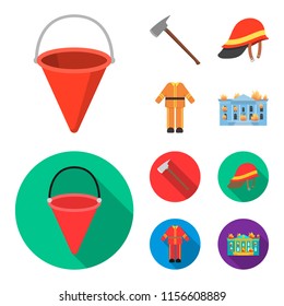 Ax, helmet, uniform, burning building. Fire departmentset set collection icons in cartoon,flat style vector symbol stock illustration web.