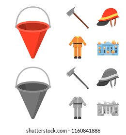 Ax, helmet, uniform, burning building. Fire departmentset set collection icons in cartoon,monochrome style vector symbol stock illustration web.