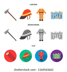 Ax, helmet, uniform, burning building. Fire departmentset set collection icons in cartoon,flat,monochrome style vector symbol stock illustration web.