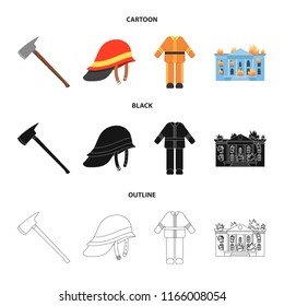 Ax, helmet, uniform, burning building. Fire departmentset set collection icons in cartoon,black,outline style vector symbol stock illustration web.