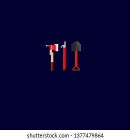 Ax, hook, shovel. Firefighter tools. Pixel art. Old school computer graphic. 8 bit video game. Game assets 8-bit sprite.