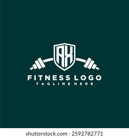 AX initial monogram for fitnes or gym logo with creative shield and barbell design