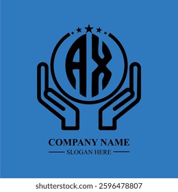 AX initials held within hands, symbolizing trust and protection. The circle represents unity, while stars highlight excellence and ambition.