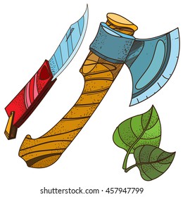 Ax and knife. Inventory hunter, woodsman, gamekeeper. Household tools.