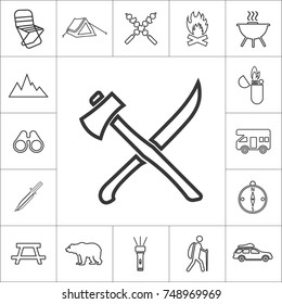 ax and knife. line camping icon set on white background