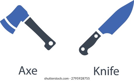 Ax and knife vector icon set in blue and black isolated on white background