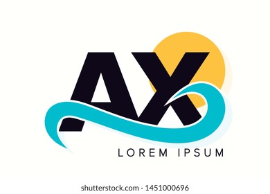 AX letter logo with ocean waves and sunset. Beach concept design