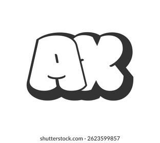 AX logo, bubble comic lettering, rounded in graffiti style black and white silhouette. Trendy preschool A and X letter text for festival party, personal initials, children funky print and web. 