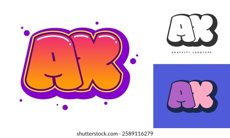 AX logo design for festival or party. Initial letter a and x in graffiti style. Creative modern lettering company name of font typography. Kids trendy logotype or identity. Vector illustration.