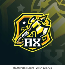Vector de diseño de logotipo de mascota Axe. Ilustración de hacha para deportes y equipo de deportes electrónicos.