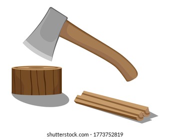 An ax and pieces of wood