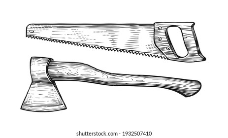 Ax and saw sketch. Carpentry tools in vintage engraving style