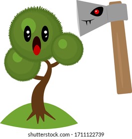 ax and scared tree with green top concept of illegal deforestation and nature protection object on a white background