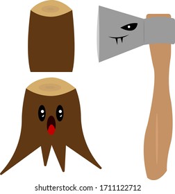 ax with sharp fangs and an evil look scared wood cartoon character concept woodworking and nature objects on a white background