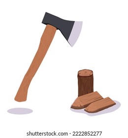 Ax and split wood vector illustration on white background.  Ax and split wood to start a fire for outdoor camping.