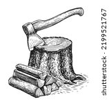 Ax sticks out in tree stump and firewoods. Wooden logs and timber. Natural lumber, carpentry materials set. Woodworking