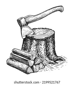 El hacha se pega en los troncos de árboles y en las leña. Leña de madera y madera. Madera natural, materiales de carpintería. Madera