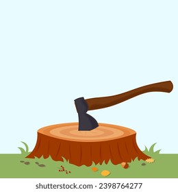Ax sticks out in tree stump, cutting of wood in the forest, vector illustration.