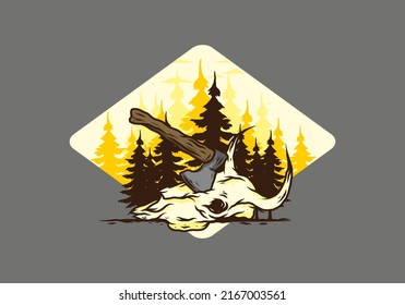 an ax stuck in a buffalo skull illustration design