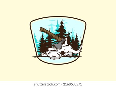 an ax stuck in a buffalo skull illustration design